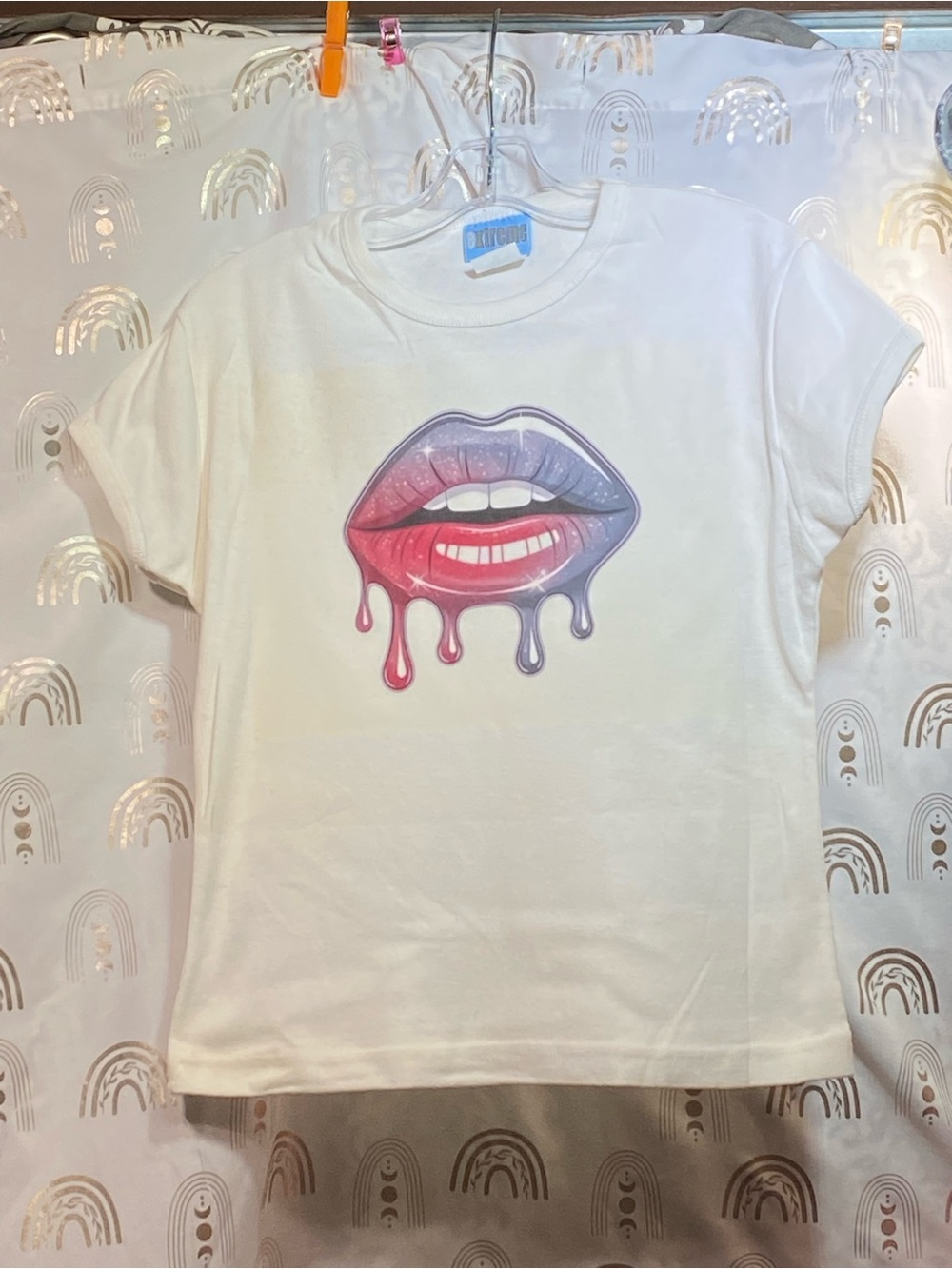 Up cycled White Short Sleeve Tee with Pink-to-Purple Drip Lip Graphic